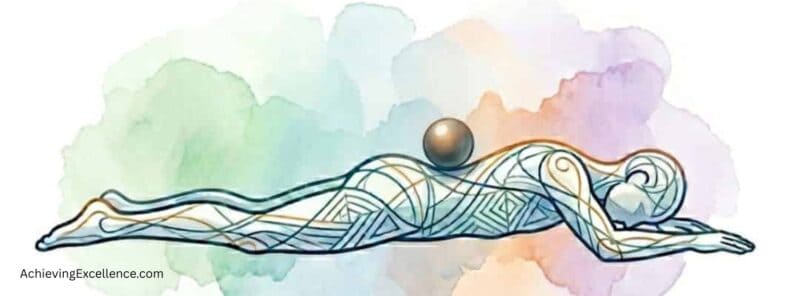 Abstract prone figure with an iron ball rolling along the back, illustrating Feldenkrais AY 305, self-image, body mapping, and The Line of the Ball That Rolls.