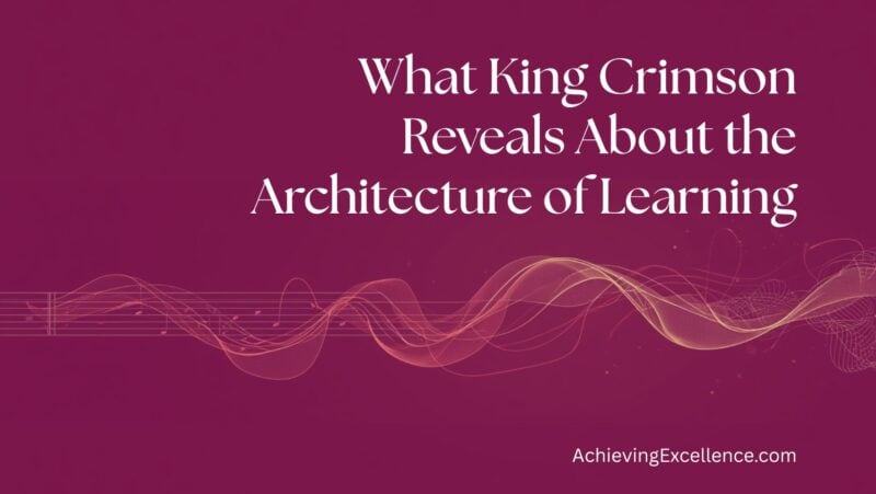 Abstract crimson blog banner with flowing musical waveforms illustrating variation, return, and the architecture of learning inspired by King Crimson and the Feldenkrais Method.