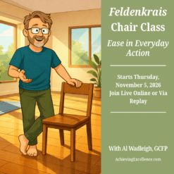 Illustration of Al Wadleigh standing beside a wooden chair for Ease in Everyday Action, an online Feldenkrais chair class starting November 5, 2026.