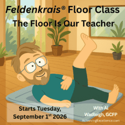 Cartoon illustration of Al Wadleigh lying on a mat with one leg raised during a Feldenkrais floor lesson.