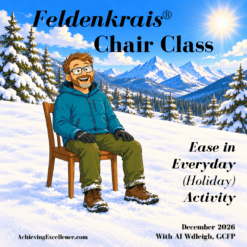 Illustration of Al Wadleigh seated on a wooden chair in a snowy mountain landscape for the December 2026 Feldenkrais Chair Class.