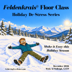 Illustration of Al Wadleigh making a snow angel in a snowy mountain landscape for the December 2026 Feldenkrais Floor Class, Holiday De-Stress Series.